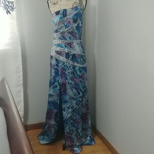 NWT LaFee E4053 One Shoulder Silver Sequin, Purple/Turquoise Prom Dress 10